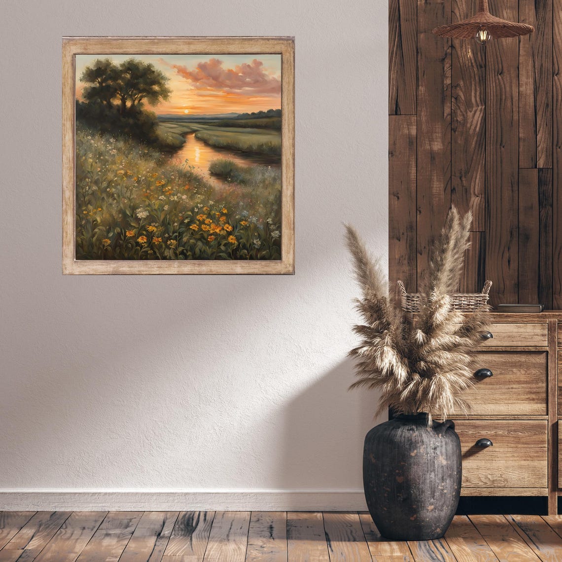 Sunset River Through Wildflower Meadow Golden Vintage Landscape Poster - Image 5