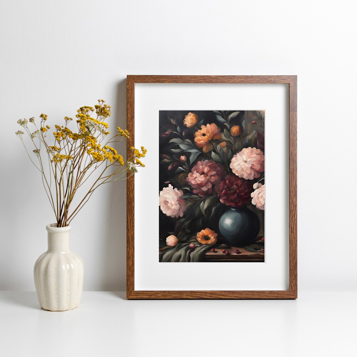 Moody Blush Peony Bouquet Dark Vase Vintage Floral Still Life Poster - Image 4