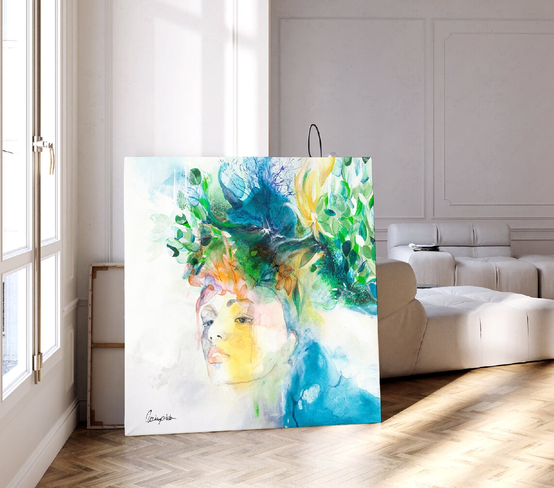 Floral Crown Woman Portrait Watercolor Green Blue Canvas Wall Art - Image 2