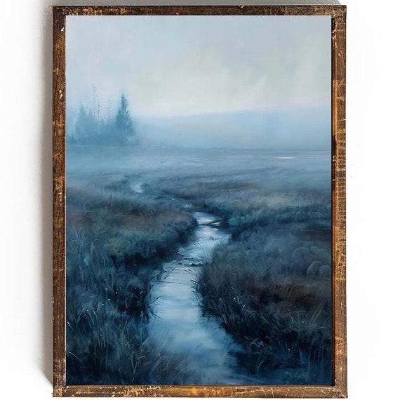 Moody Blue Wall Art For Bathroom Decor Serene Wall Art Foggy Landscape Painting Pacific Northwest Art Pnw Print Calming Wall Art