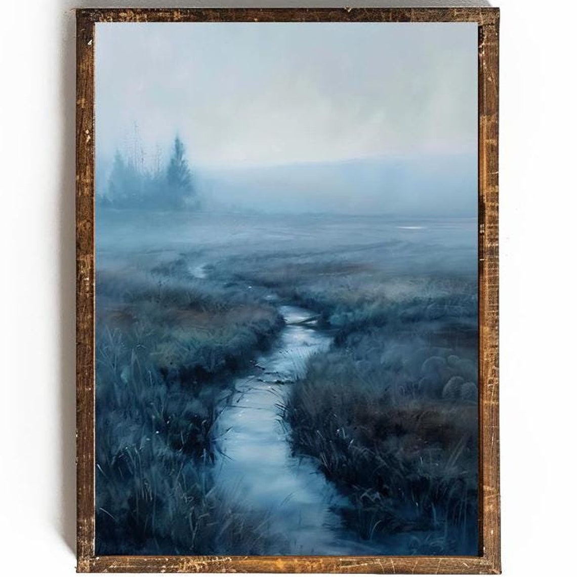 Misty Blue Marsh Stream At Dawn Serene Foggy Landscape Print