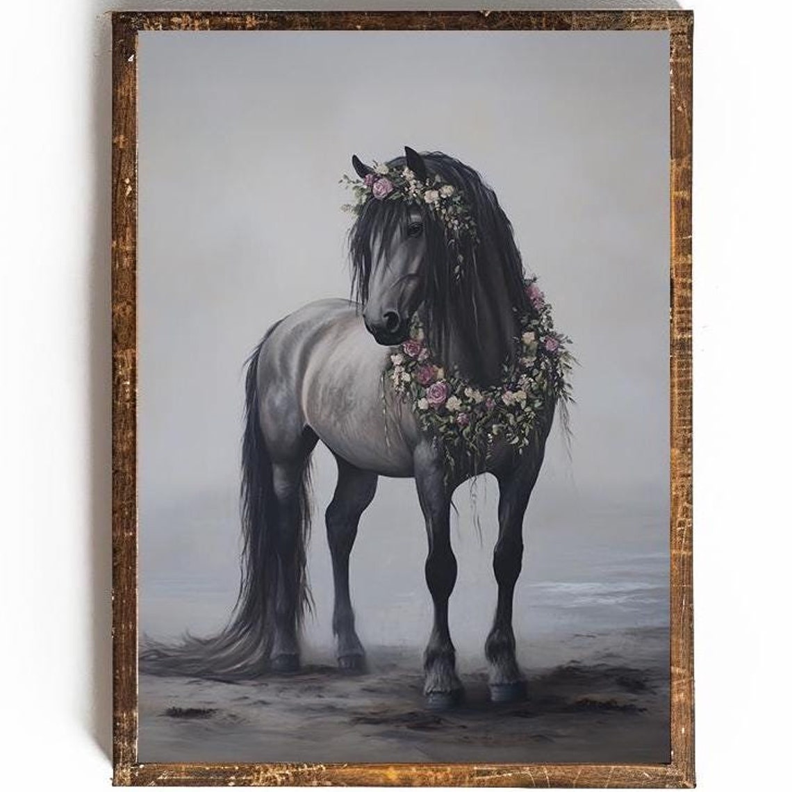 Black Horse with Floral Crown in Misty Field Portrait Poster