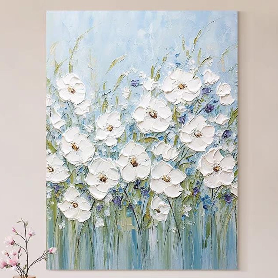 White Wildflowers in Blue Spring Meadow Floral Texture Poster