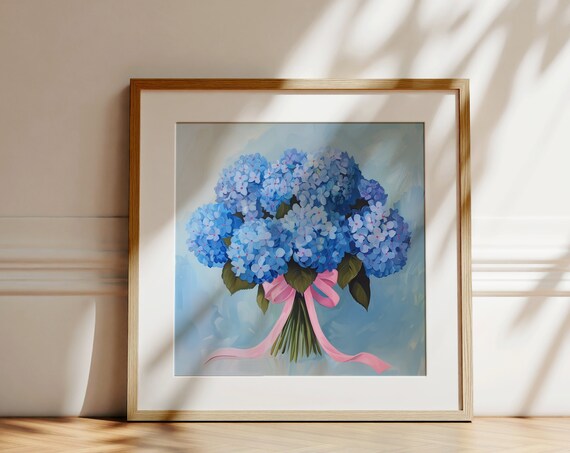 Blue Hydrangea Bouquet Pink Bow Watercolor Floral Botanical Wall Art