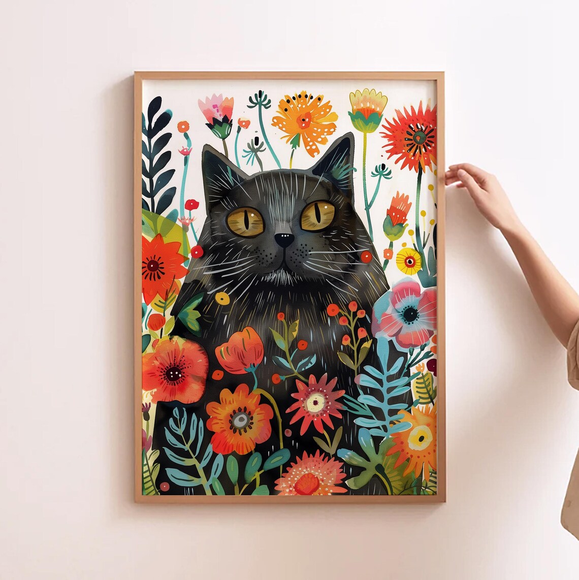 Black Cat Floral Art Print, Cat And Poppies