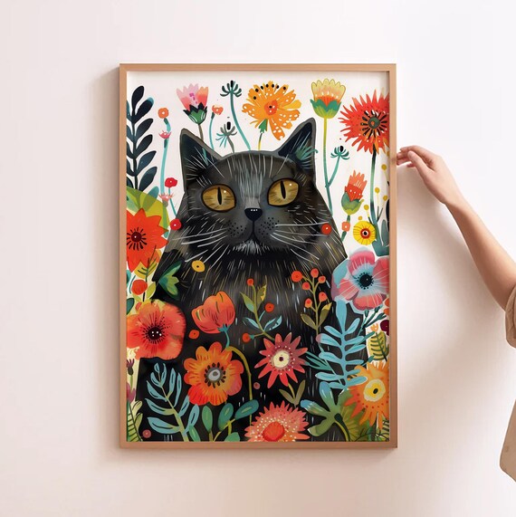 Black Cat Floral Art Print, Cat And Poppies