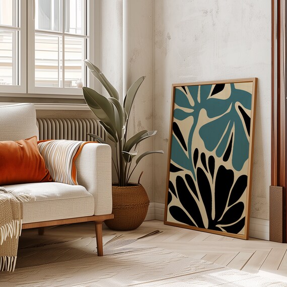 Teal Black Beige Abstract Botanical Leaves Modern Art Poster