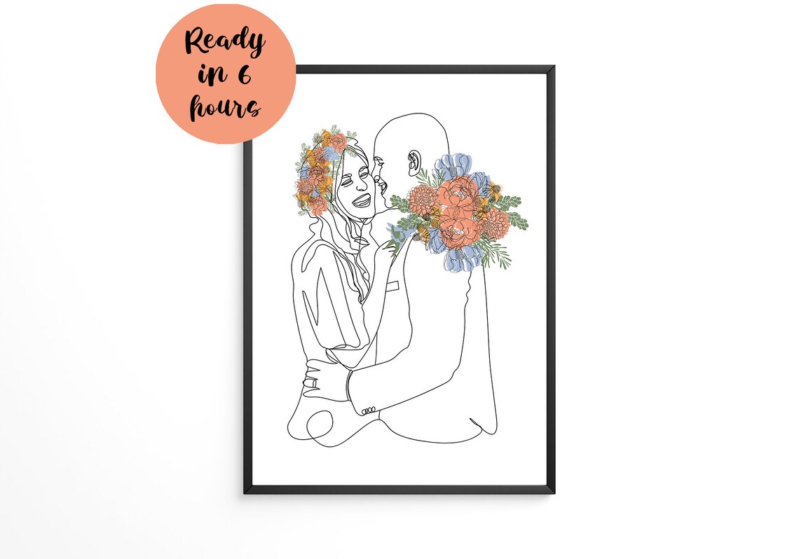 Line Art Couple With a Bright Floral Bouquet Cheek Kiss Poster