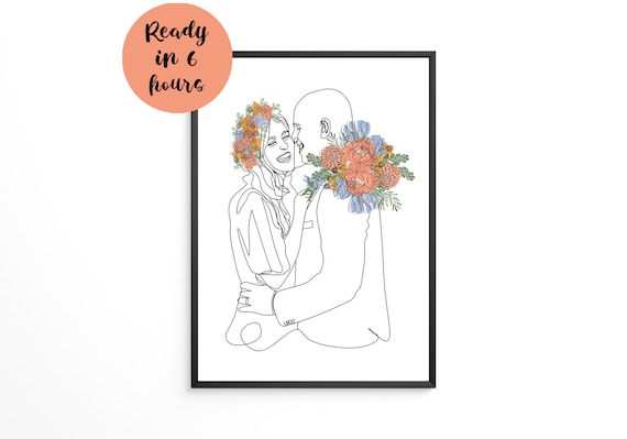 Line Art Couple With a Bright Floral Bouquet Cheek Kiss Poster