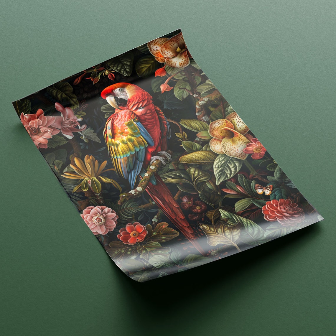 Bold Scarlet Macaw Parrot Dark Tropical Floral Jungle Art Poster - Image 2
