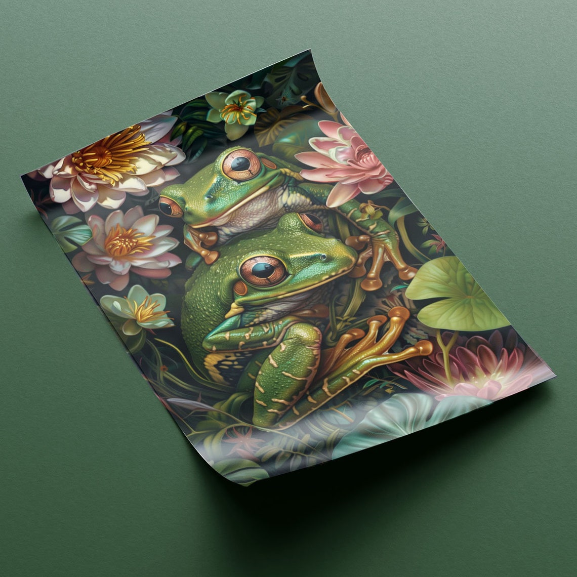 Two Green Tree Frogs Among Blossoms Tropical Floral Art Poster - Image 2