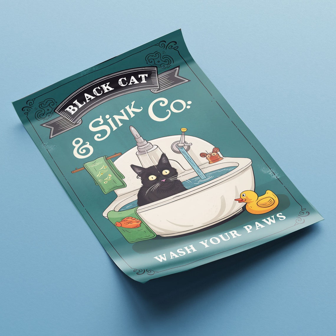 Black Cat And Sink Co Wash Your Paws Funny Vintage Bathroom Poster - Image 2
