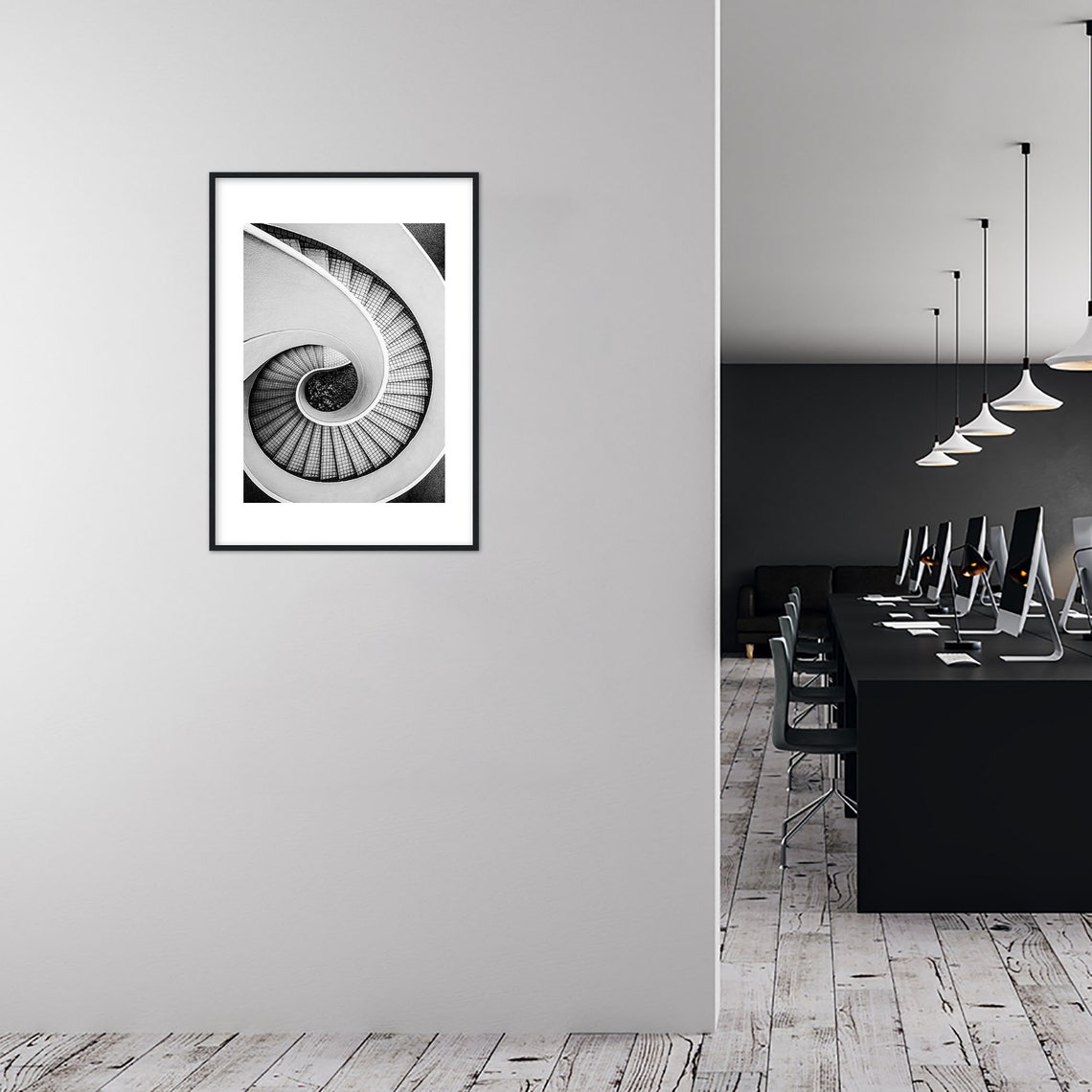 Black and White Spiral Staircase Architecture Photo Wall Art - Image 2