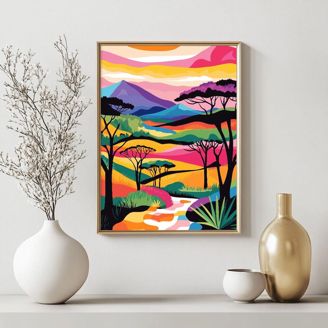 Colorful African Savanna Sunset Vivid Abstract Landscape Wall Art - Image 2
