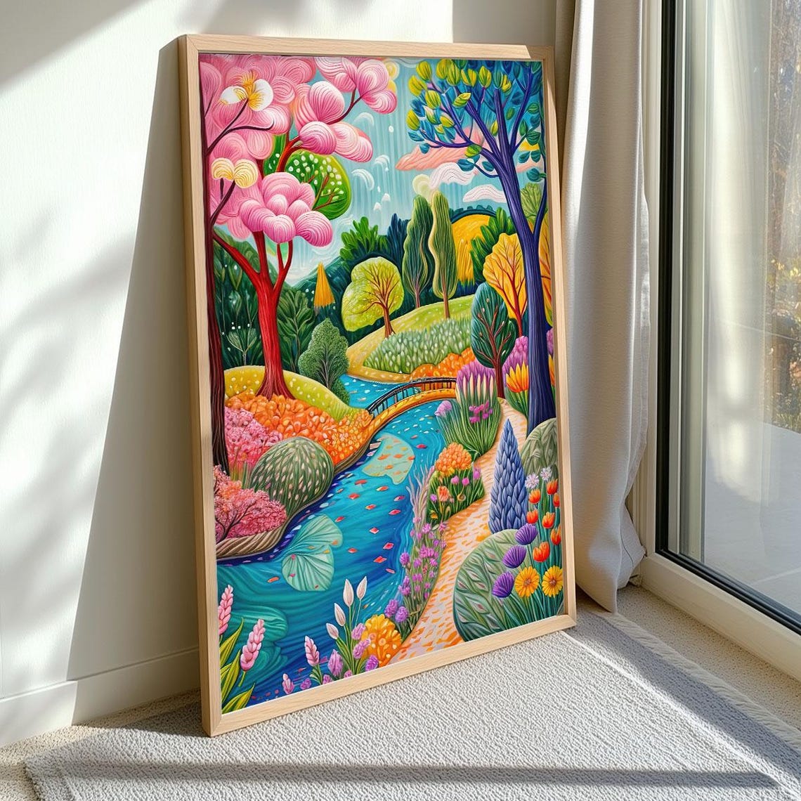 Whimsical Storybook Garden Stream Bridge Colorful Nature Wall Art - Image 3