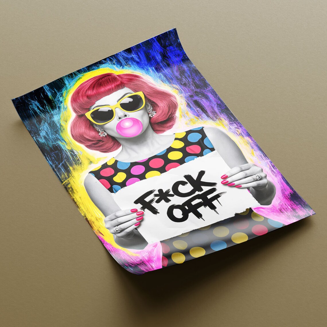Colorful Pop Art Woman F*CK Off Sign Red Hair Bubble Gum Fun Poster - Image 3