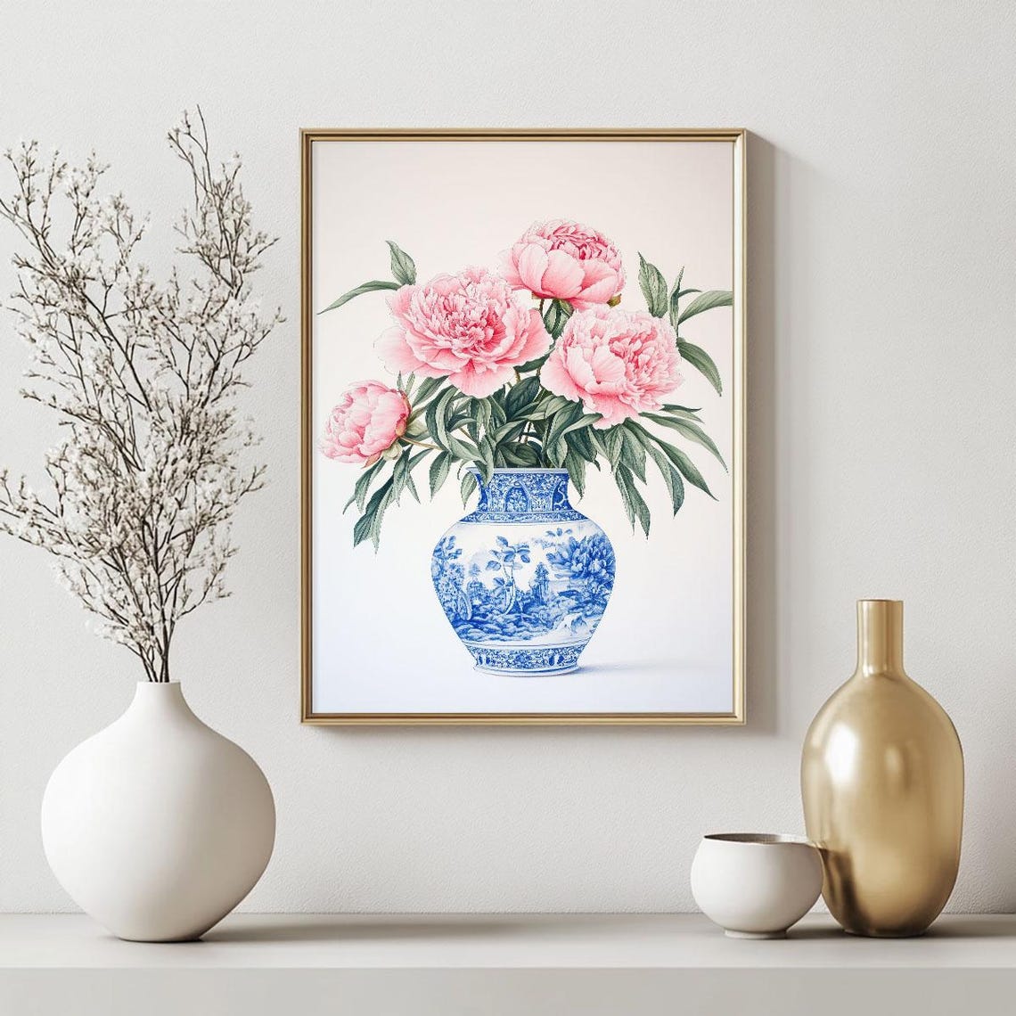 Classic Pink Peonies Blue Porcelain Vase Botanical Floral Wall Art - Image 2