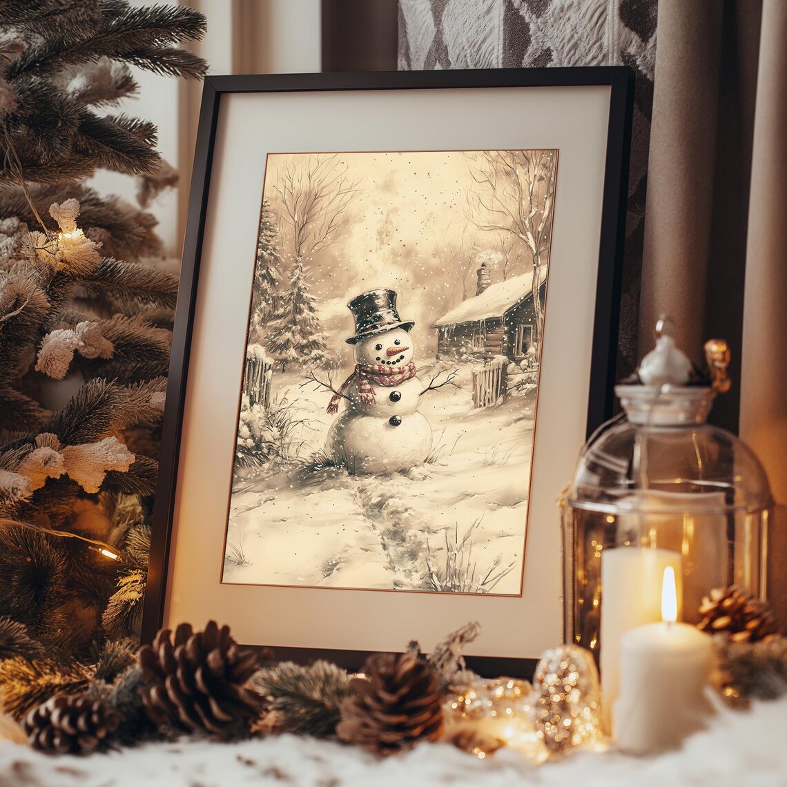 Vintage Snowman With Top Hat And Scarf In Snowy Village Scene Poster - Image 3