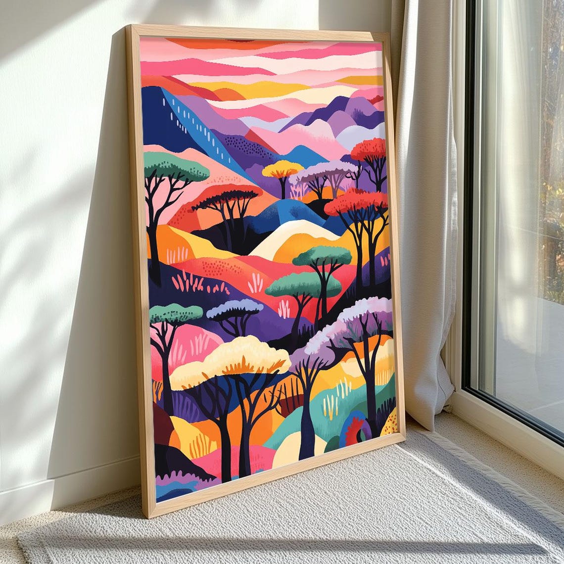 Vibrant Abstract Mountain Hills Trees Colorful Landscape Wall Art - Image 3