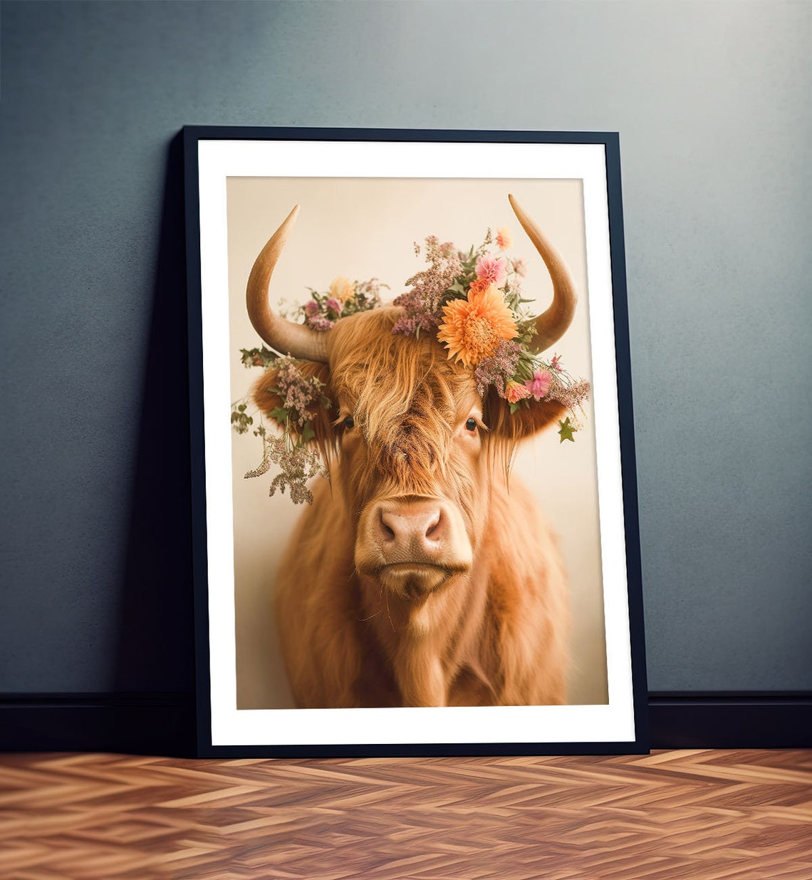 Highland Cow Flower Crown Portrait Warm Rustic Farmhouse Poster