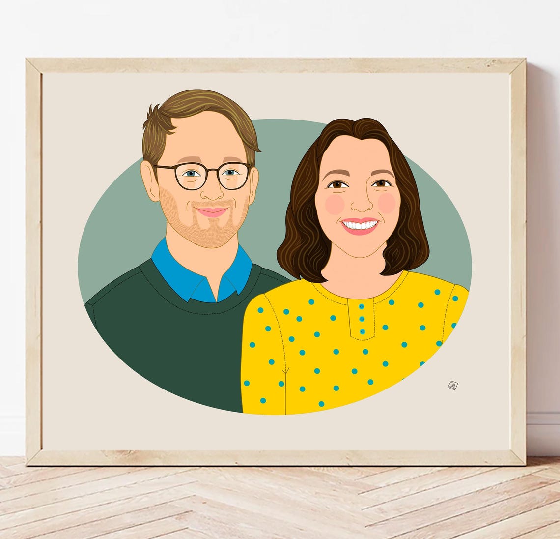 Bearded Couple Smiling Custom Illustrated Couple Portrait Poster - Image 7