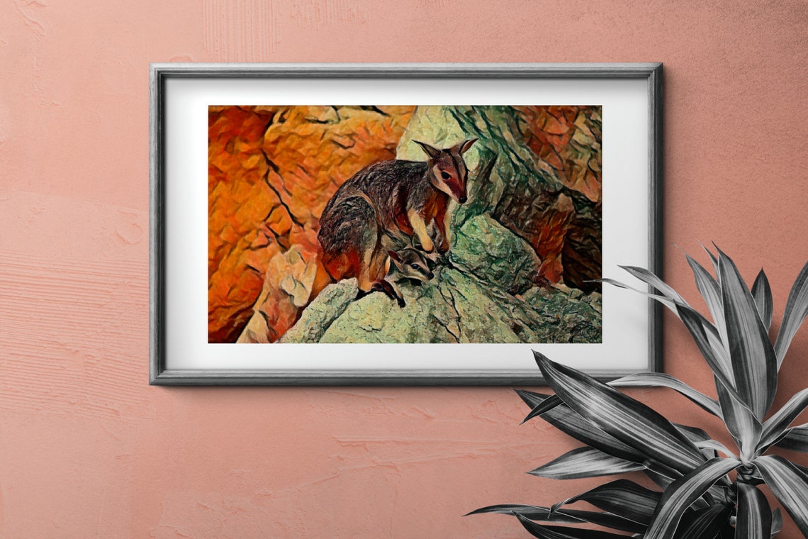 Rock Wallaby Mother with Joey on Rocks Low Poly Wildlife Poster - Image 2