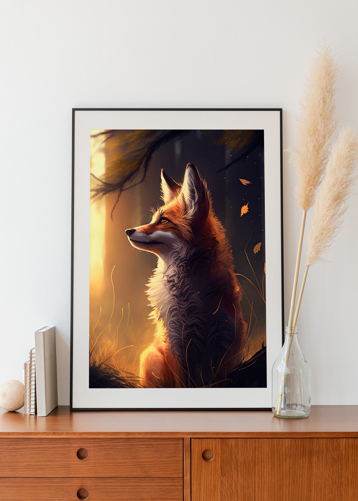 Red Fox in Dark Forest Warm Light Painterly Wildlife Art Poster - Image 3