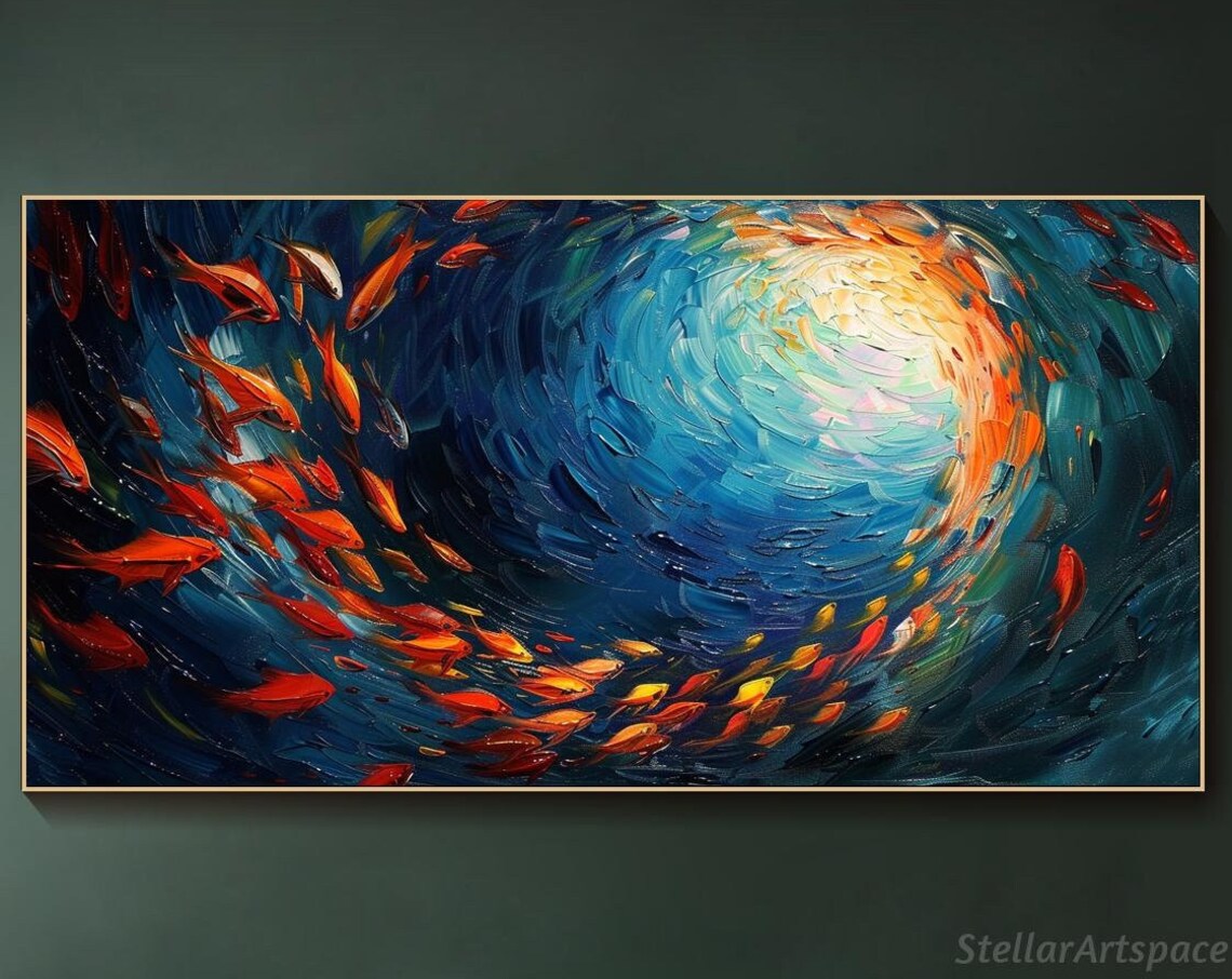 Fish Swarm Oil Painting, Abstract Ocean Art Print