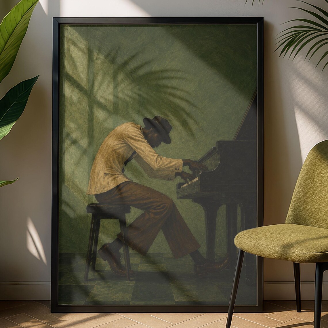 Retro Jazz Pianist Grand Piano Green Oil Painting Music Poster