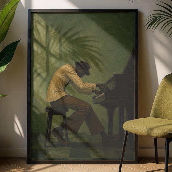 Retro Jazz Pianist Grand Piano Green Oil Painting Music Poster
