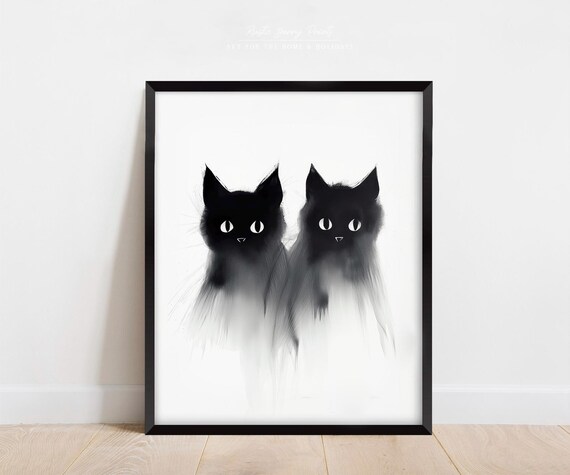 Two Black Cats Ghostly Ink Watercolor Spooky Cute Art Poster