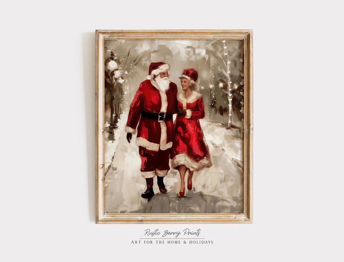 Santa Mrs Claus Strolling Snowy Lamplit Street Holiday Evening Poster