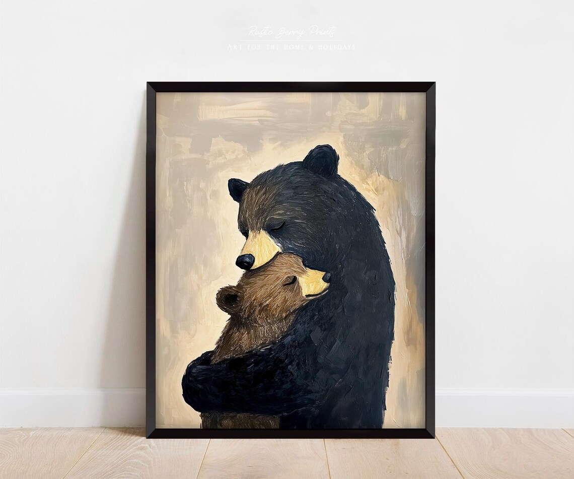 Mama Bear Hugging Cub Beige Background Sweet Motherhood Nursery Poster