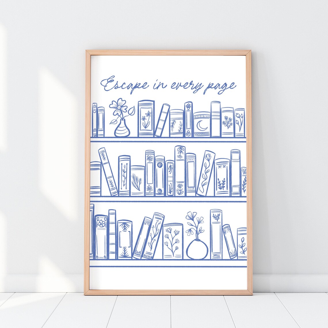 Escape in Every Page Blue Bookshelf Library Line Art Wall Poster - Image 2