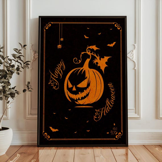Happy Halloween Poster Gothic Jackolantern Wall Art In Black Orange