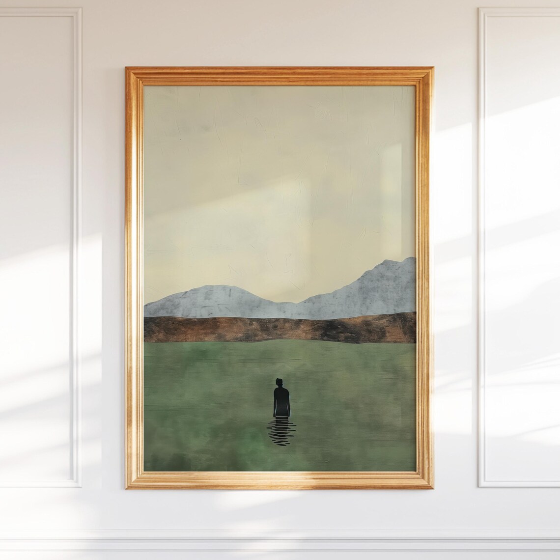Lone Figure Wading in Calm Green Lake Minimalist Zen Wall Poster