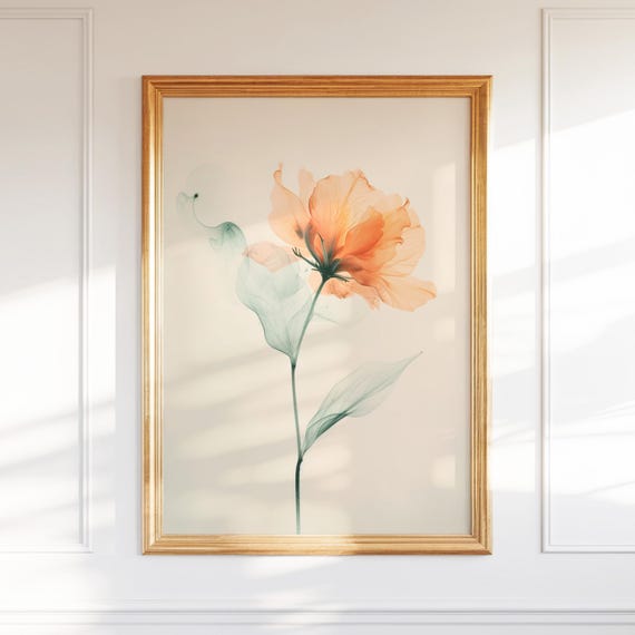 Delicate Floral Wall Art Minimalist Botanical Print Soft Orange Transparent Flower Poster Zeninspired For Home Decor
