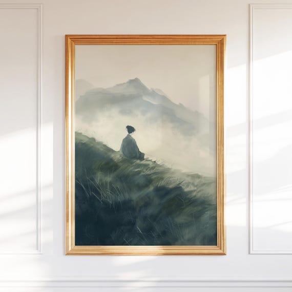 Zeninspired Landscape Wall Art Serene Meditative Ink Painting Print Tranquil Misty Mountain Scene Minimalist