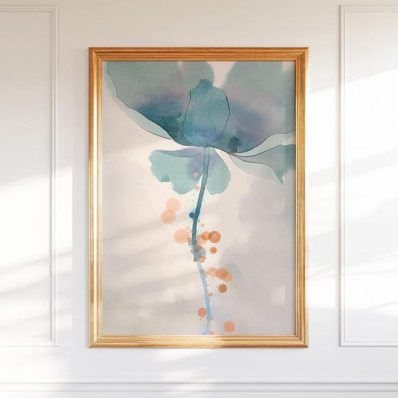 Dreamy Blue Floral Watercolor Wall Art Minimalist Print With Abstract Botanical Ink Details Zeninspired Nature Poster For Decor