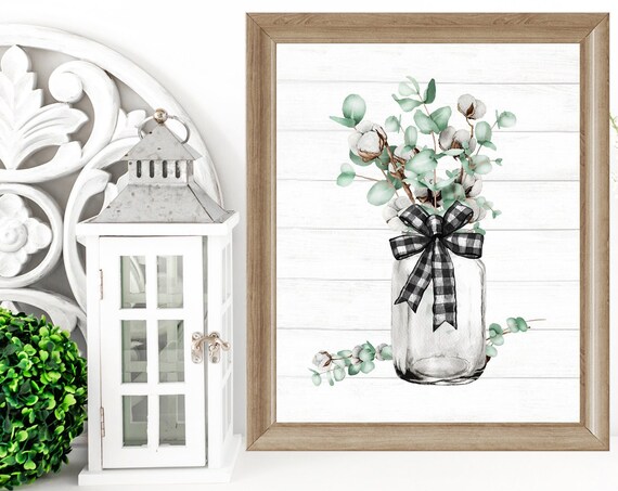 Eucalyptus and Cotton Mason Jar with Buffalo Check Bow Poster
