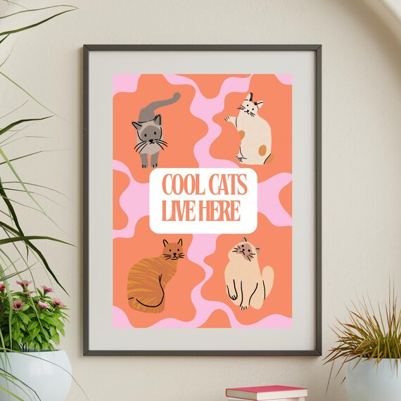 Cool Cats Live Here Four Funny Cat Illustrations Pink Retro Poster