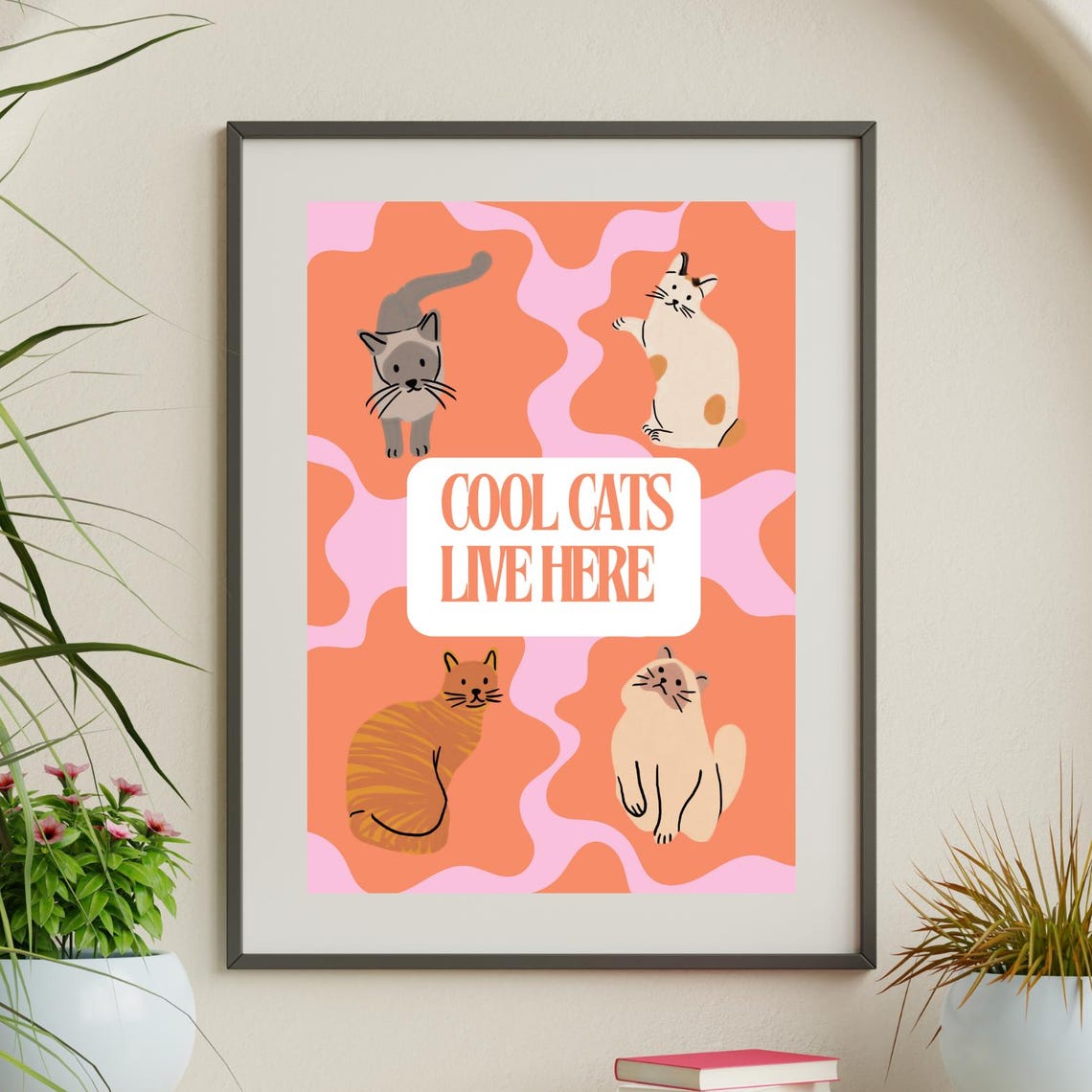 Cool Cats Live Here Four Funny Cat Illustrations Pink Retro Poster