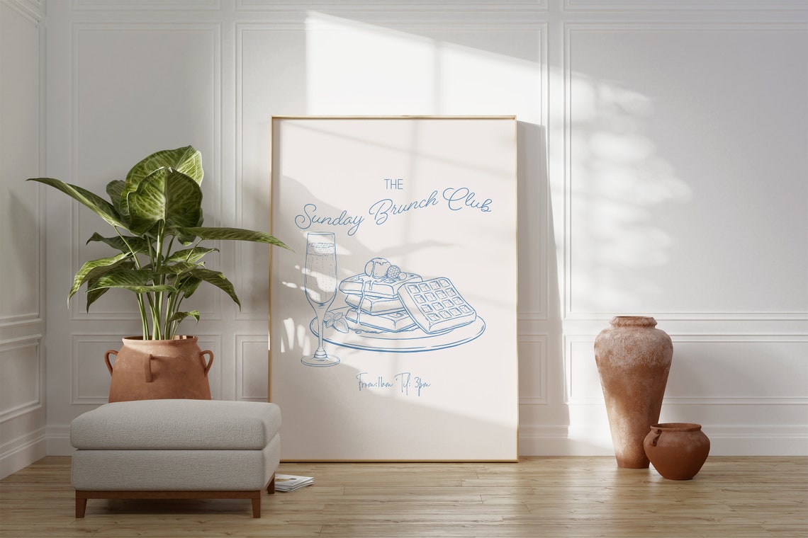 The Sunday Brunch Club Waffles Blue Line Art Kitchen Print Decor