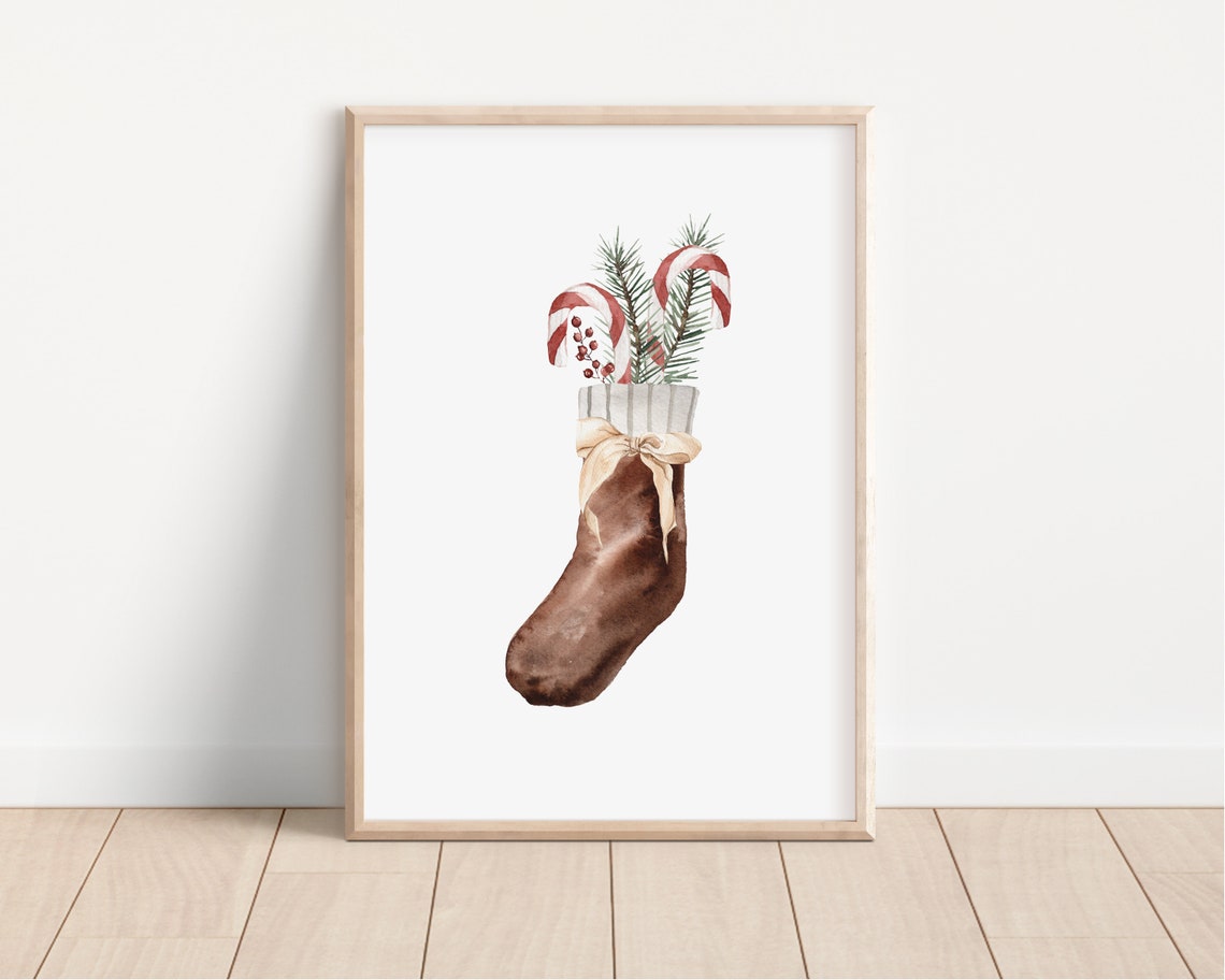 Christmas Stocking Watercolor Candy Cane Pine Holiday Decor Poster - Image 2