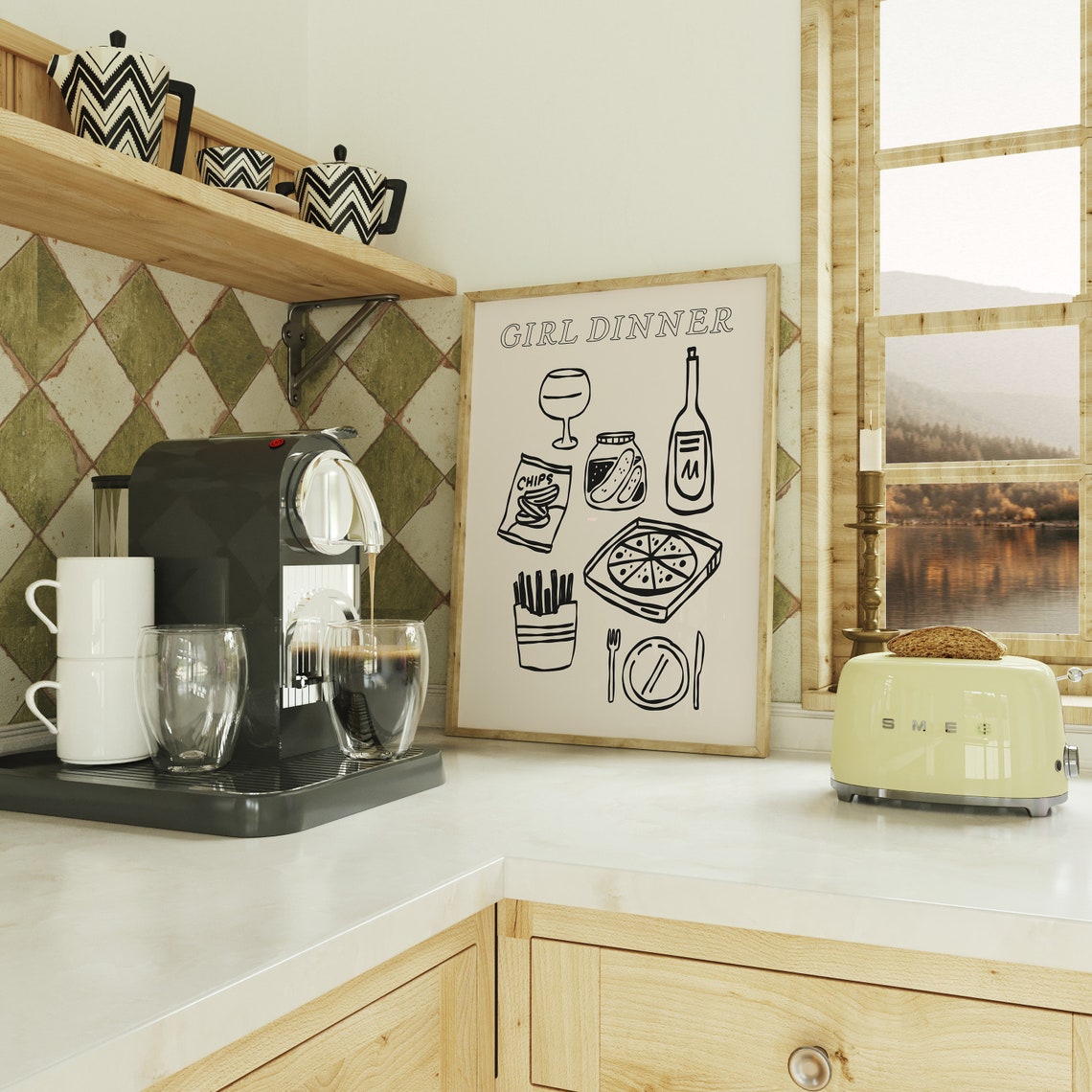 Girl Dinner Snack Line Art Black and White Trendy Kitchen Print - Image 2