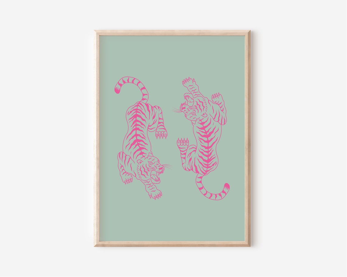 Pink Tigers Illustration Sage Green Background Preppy Dorm Poster