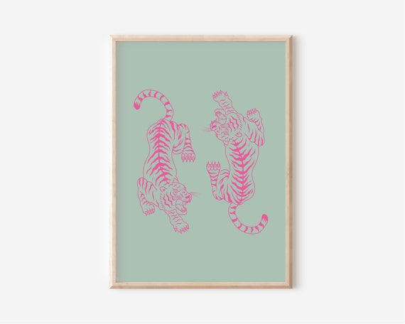 Pink Tigers Illustration Sage Green Background Preppy Dorm Poster