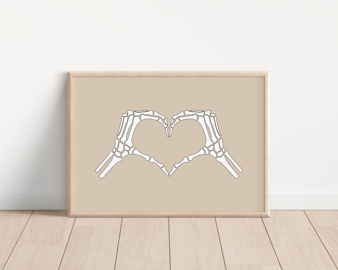 Skeleton Hands Heart White on Tan Beige Minimalist Halloween Poster - Image 6
