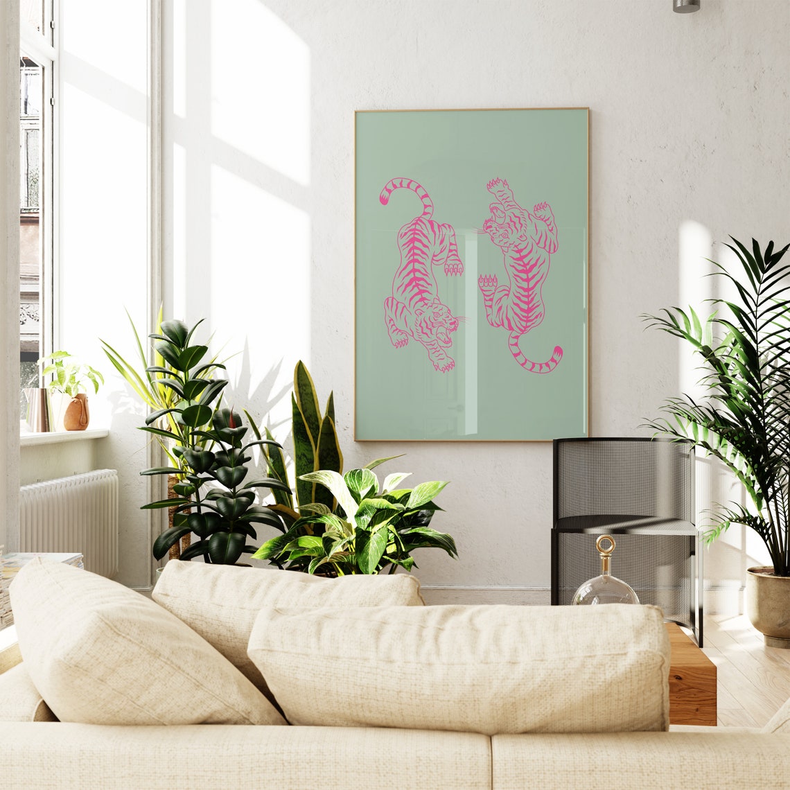 Pink Tigers Illustration Sage Green Background Preppy Dorm Poster - Image 4