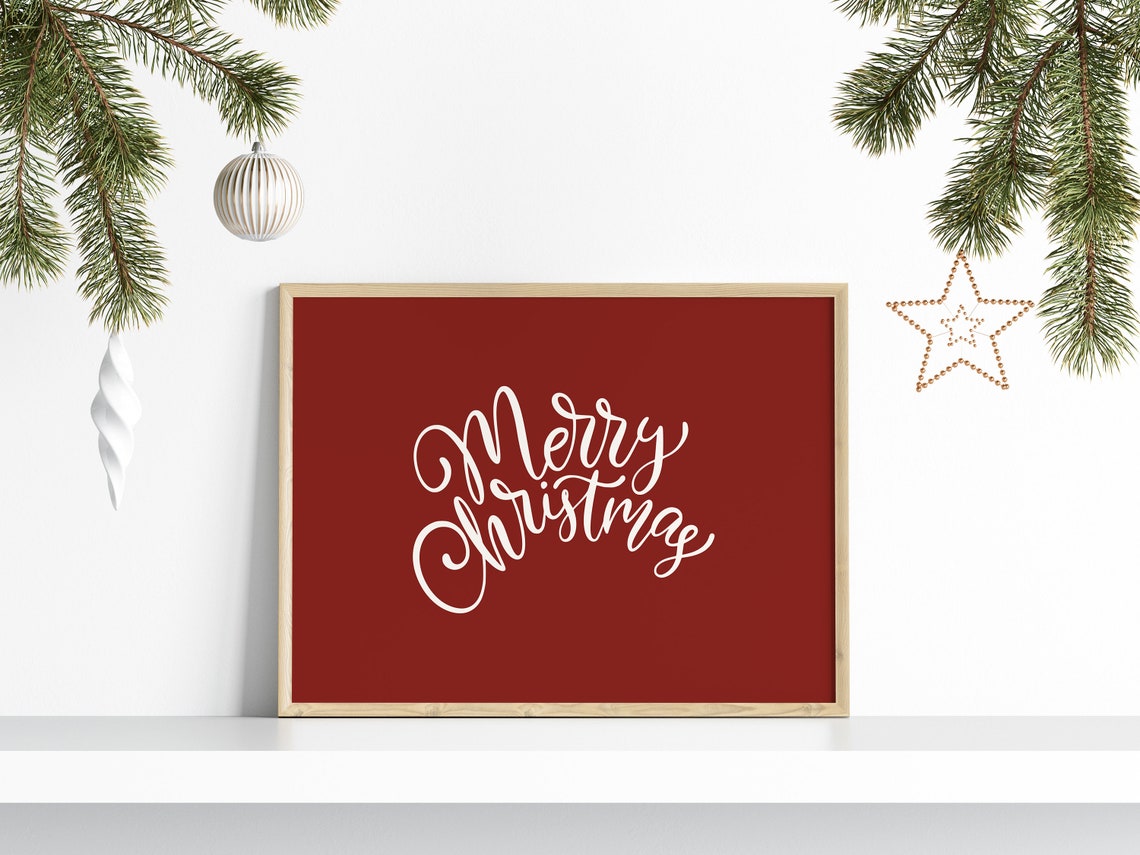 Merry Christmas Script Red Holiday Festive Wall Decor Poster